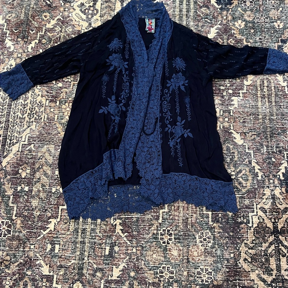 Johnny Was navy Cardigan with Blue Lace